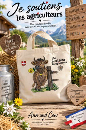 Totebas sac cabas en coton avec une vache qui tient une fleur contre une barrière et soutien les agriculteurs