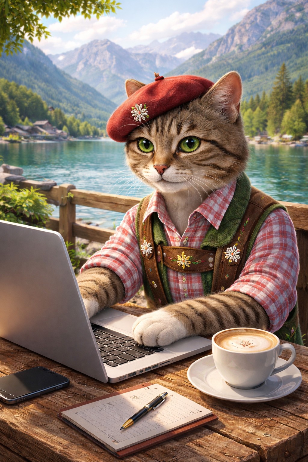 Chat qui répond à ses emails sur ordinateur au bord du lac d'Annnecy