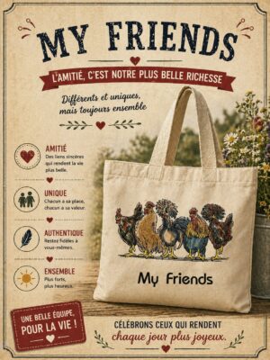 totebag en coton avec des poules de soie qui sont amies
