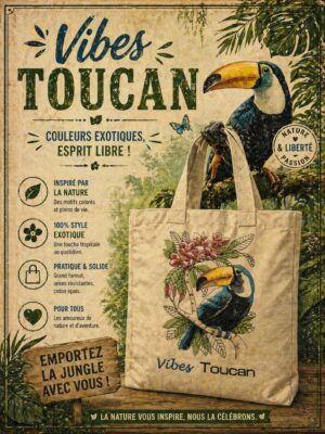 totebag coton avec un toucan entouré de fleurs tropicales