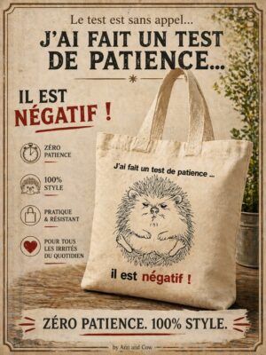 totebag coton brodé avec un hérisson grumpy