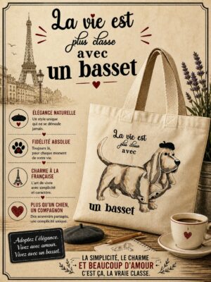 chien basset habillé d'un imperméable et d'un béret