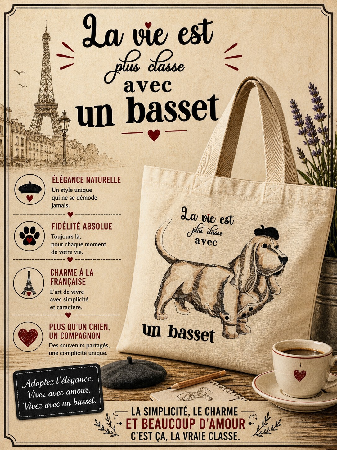 chien basset habillé d'un imperméable et d'un béret