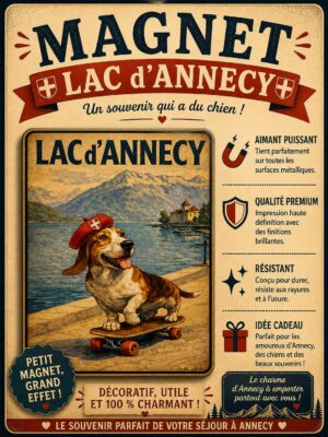 chien qui fait du skate au bord du lac d'annecy