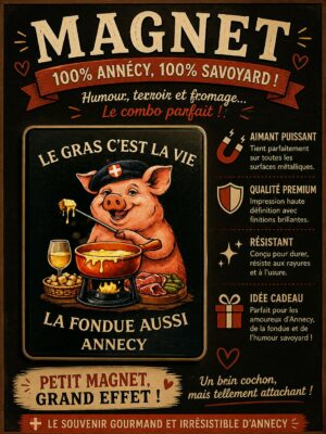 magnet en bois avec un cochon qui mange une fondue a annecy