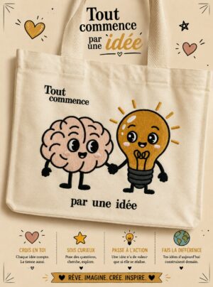 totebag sac avec un cerveau et une ampoule pour une idée