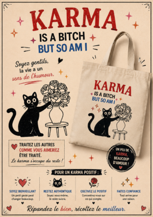 totebag sac avec un chat noir et le karma qui renverse des fleurs