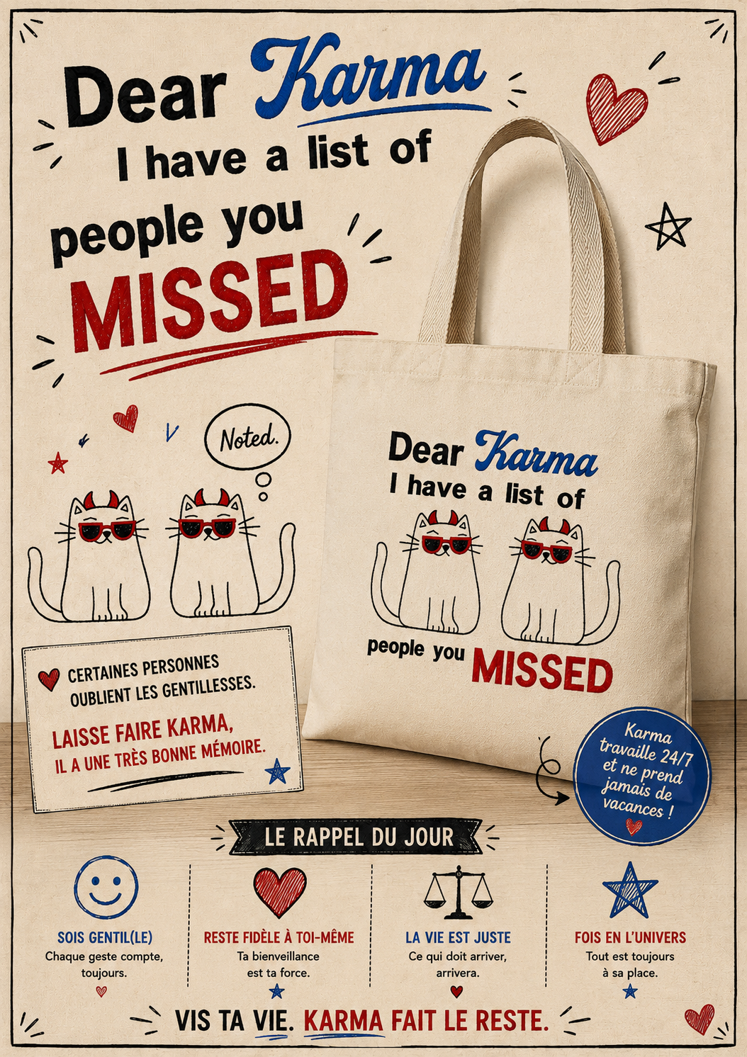 totebag avec des chats diablotins et le karma