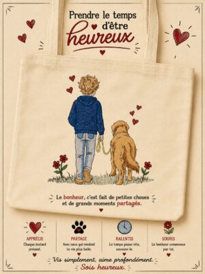 totebag sac cabas d'un garçon avec son chien golden