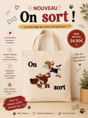 sac totebag cabas en coton d'une femme qui sort son chien
