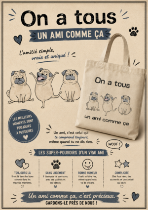 totebag sac de trois carlins pug qui s'amusent entre amis