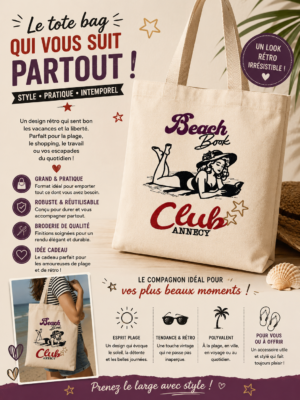 totebag sac cabas d'une fille allongée à la plage annecy avec un livre