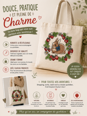 totebag sac cabas en coton avec un lapin et des fraises