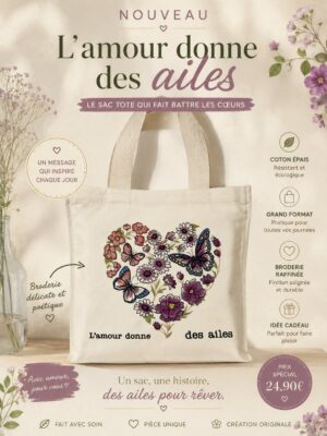 totebag sac cabas en coton avec un coeur en papillons