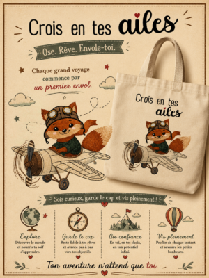 Totebag sac avec un renard dans un avion comme st exupéry