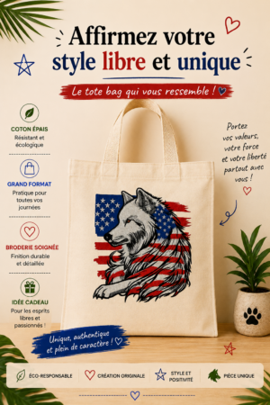 Totebag sac cabas d'un drapeau américain avec un loup