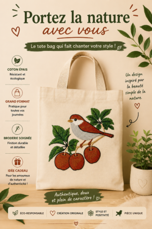 totebag sac cabas avec un oiseau rouge-gorge sur une branche de pommier