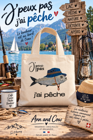 Totebag sac cabas en coton avec un poissoin qui porte un chapeau