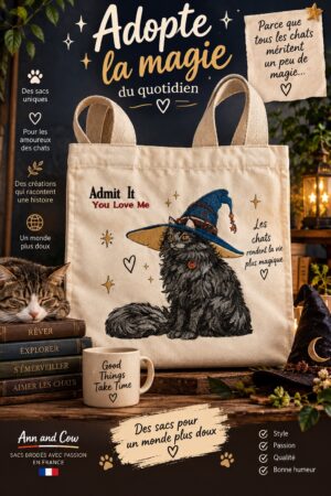 Totebag sac cabas avec un chat qui porte un chapeau de sorcière