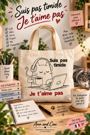 Totebag sac cabas en coto avec un chat qui fait de l'ordinateur et qui n'aime pas les gens