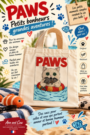 Totebag sac cabas avec un chat qui tient un poisson dans ses dents