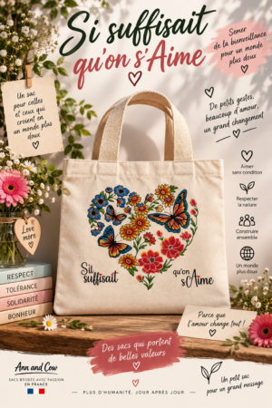 Totebag sac cabas en coton avec un coeur faire de papillons