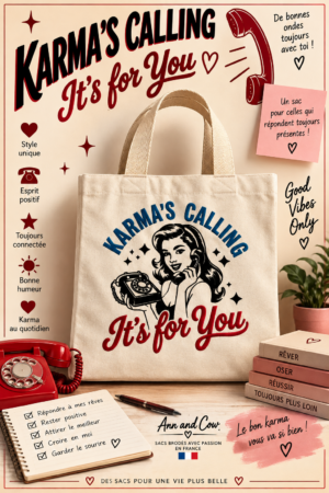 Totebag sac cabas d'une femme vintage qui téléphone et qui dit que le karma t'appelle