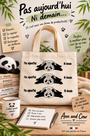 Totebag sac cabas en coton avec trois panda qui ont la flemme