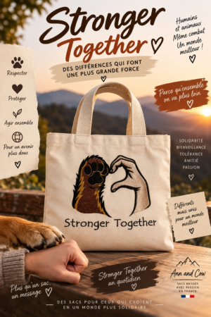 Totebag sac cabas en coton avec une patte animale et une main humaine ensemble