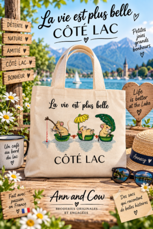 Totebag sac cabas en coton avec des souris qui naviguent sur une feuille et qui pêchent
