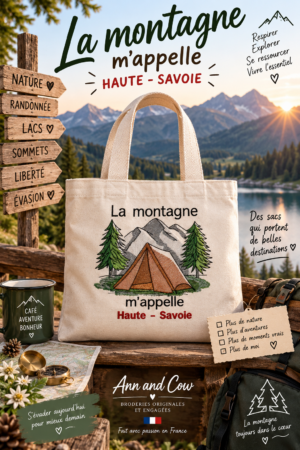 Totebag sac cabas en coton avec une tente en plein montagne